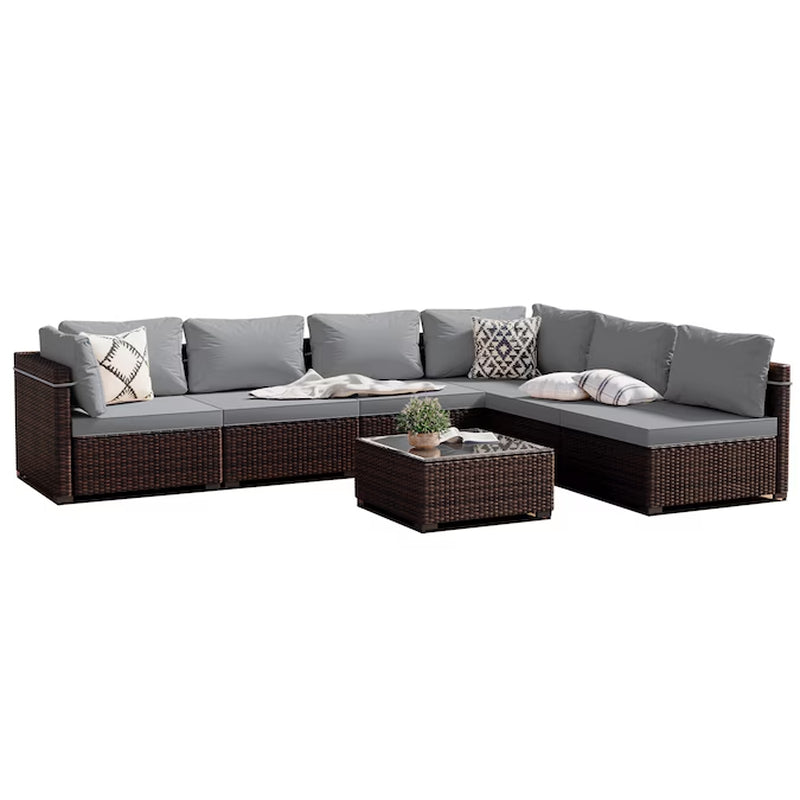 7 -Piece Rattan Patio Conversation Set with Beige Cushions