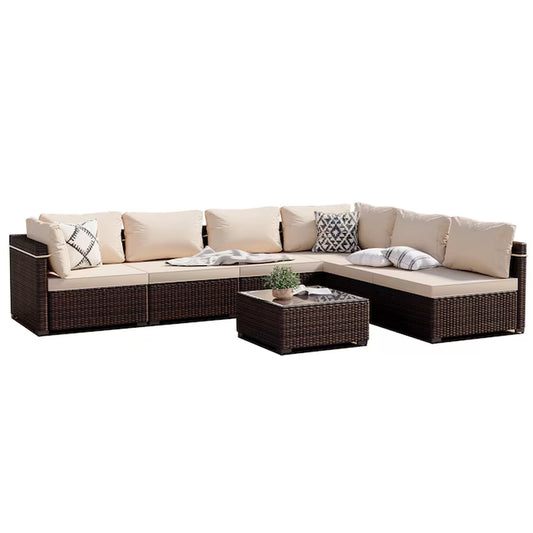 7 -Piece Rattan Patio Conversation Set with Beige Cushions