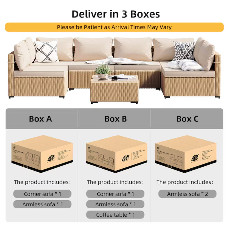 7 -Piece Rattan Patio Conversation Set with Beige Cushions