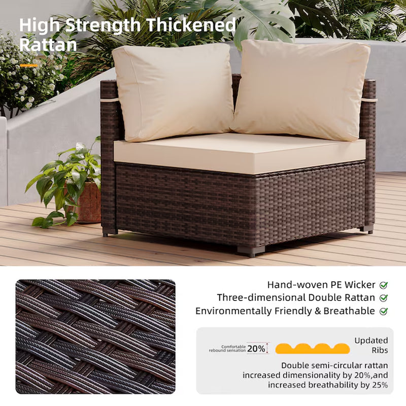 7 -Piece Rattan Patio Conversation Set with Beige Cushions